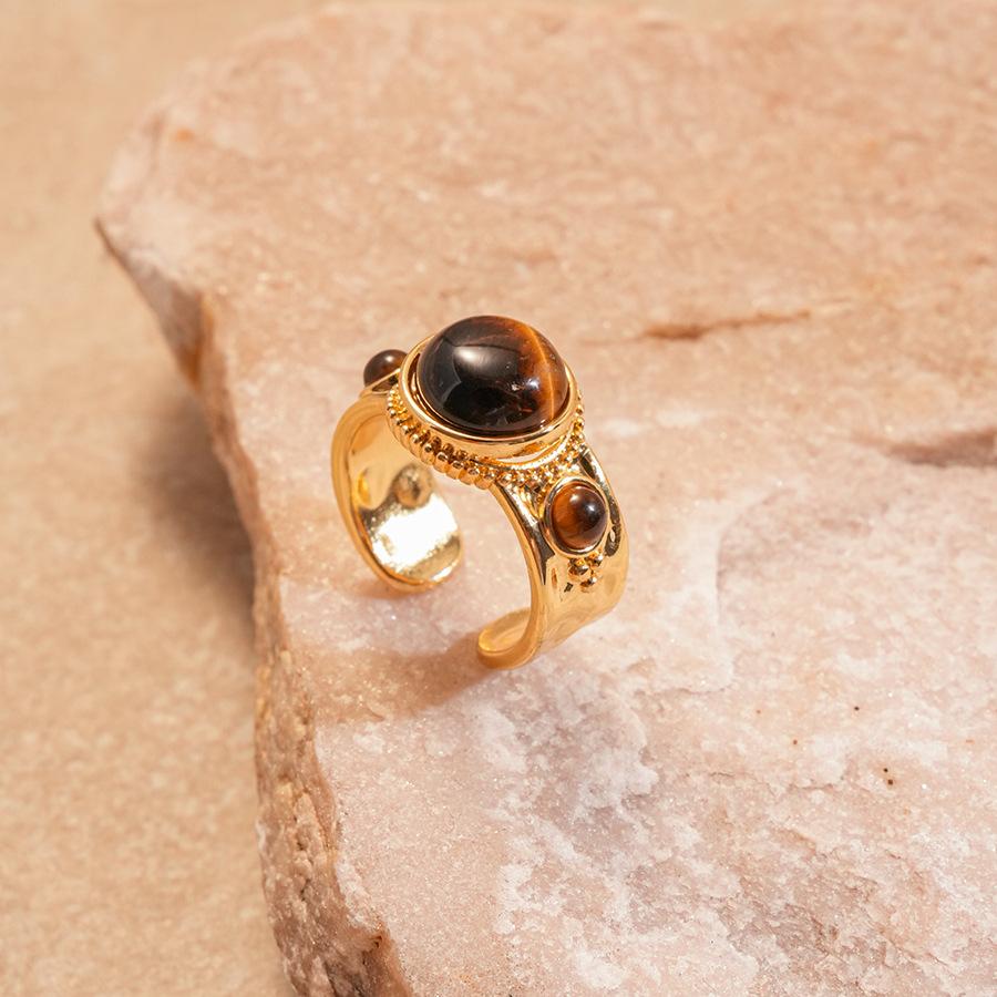 Tiger's eye pleated irregular round open ring personalized niche unique jewelry