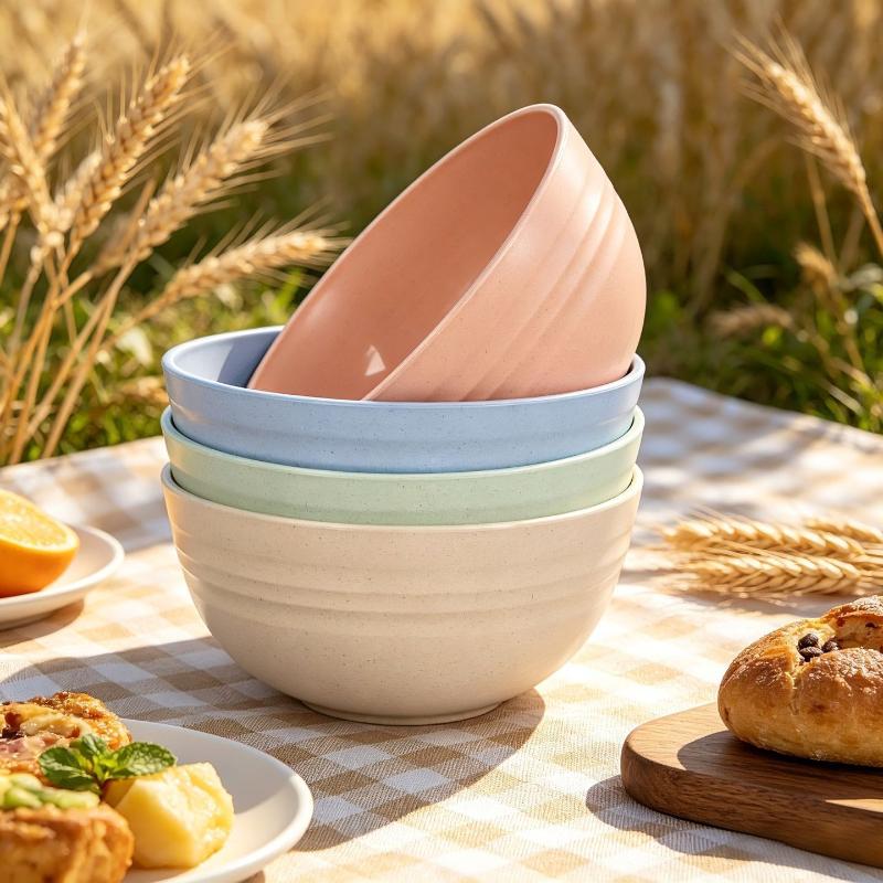 4Pcs Wheat Straw Bowl Set Unbreakable Plastic Bowls Fruit Salad Bowl Microwave Dishwasher Safe Home Kitchen Daily Use