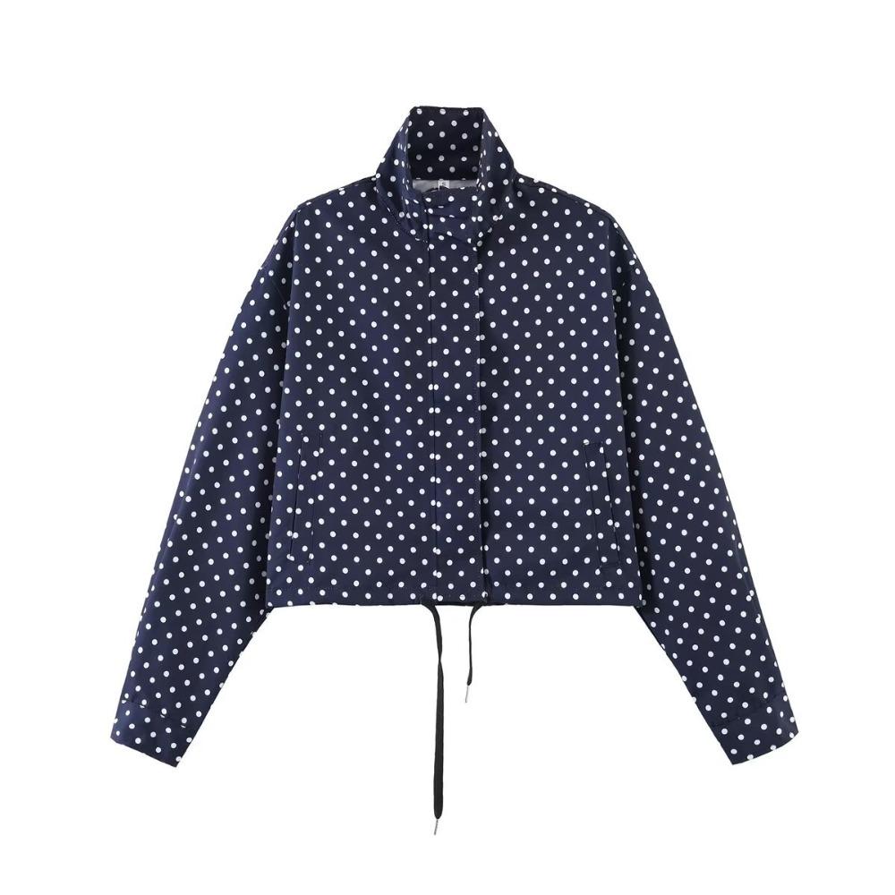 Women's High Neck Long Sleeve Polka Dot Jacket Loose Fit Two Piece Matching Mini Shorts Set Streetwear Spring Outfit