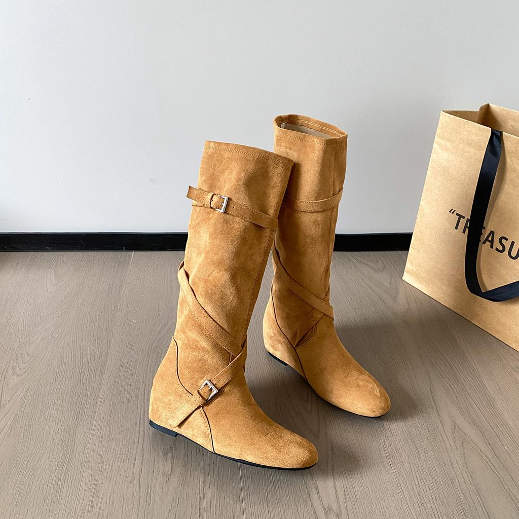 Cowhide version retro style inner height increase 6cm knight boots women's cross buckle pleated boots slim medium boots