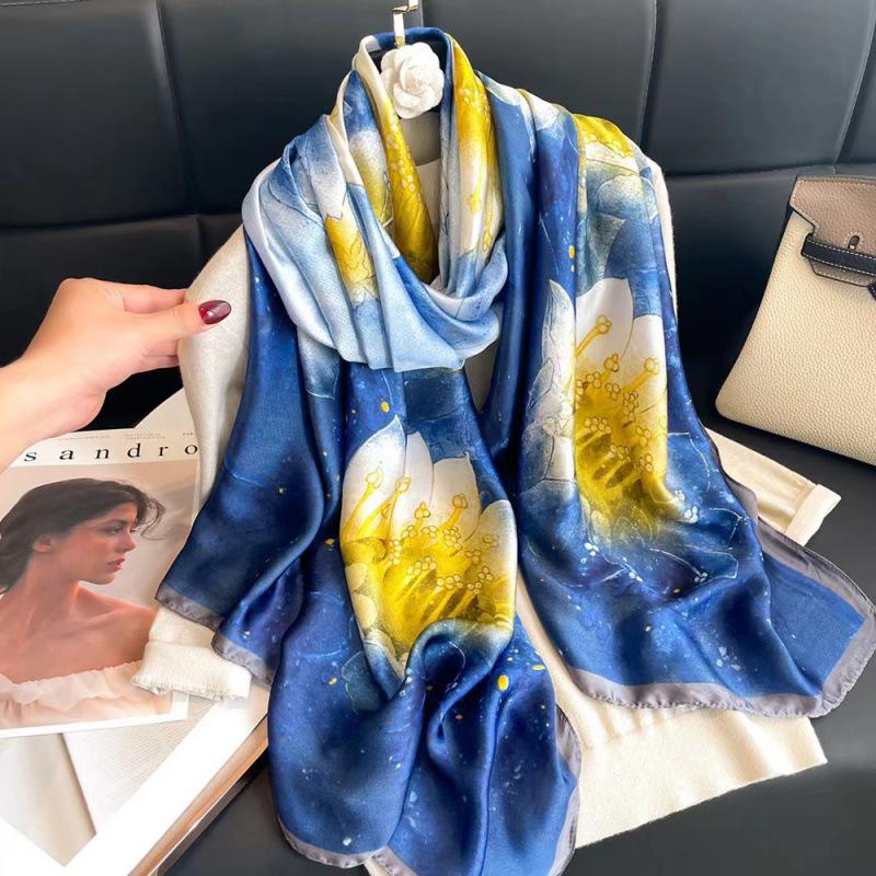 Spring and Summer Thin Silk Scarf High-end Printed Long Scarf New Satin Travel Sunscreen Scarf National Style Cloak