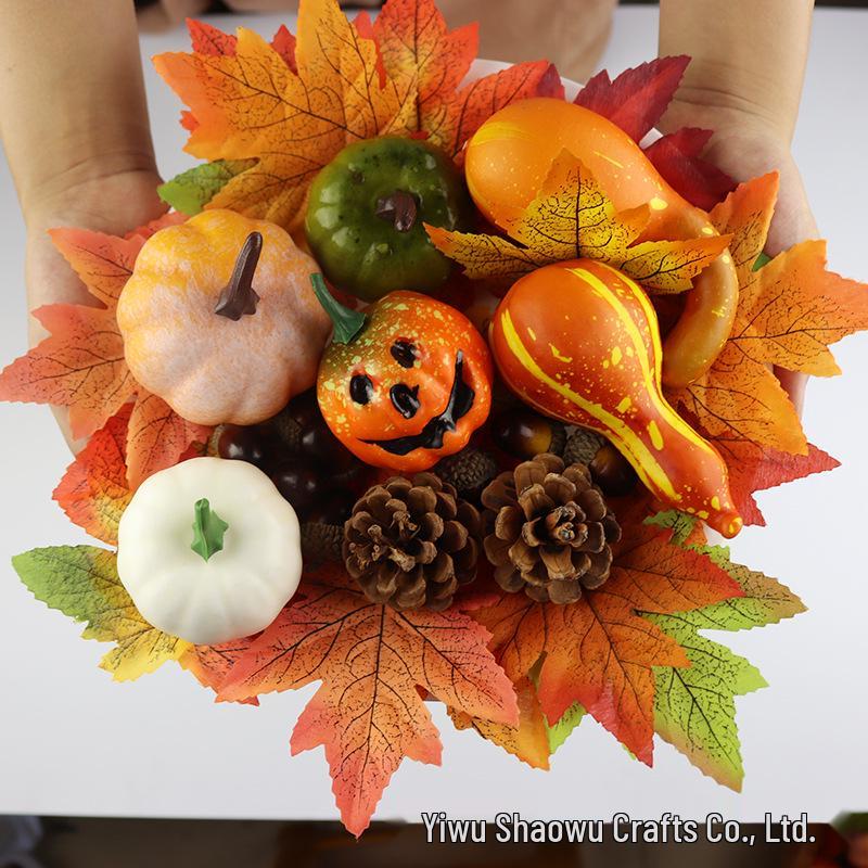 Halloween Decoration Set: Fake Pumpkins, Red Maple Leaves, Pine Cones, Acorns & Backdrop Props