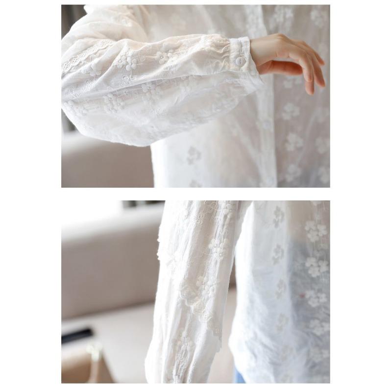 Women's White Embroidered Chiffon Shirt Long-Sleeve Casual Loose Blouse