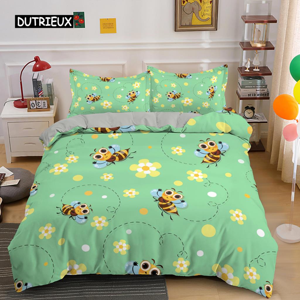 Süße Cartoon-Biene Bettbezug King Queen Honig Bettwäsche Set Kinder Jungen Mädchen Frühling Gelb Polyester Bettdeckenbezug