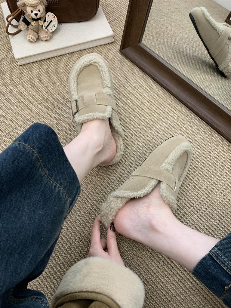 Flache Plateau Baumwollpantoffeln Damen Pelz Pantoletten Schuhe 2025 Winter Neu Plüsch Warme Pantoletten Trend Weiches Leder Gemütliche Freizeitschuhe