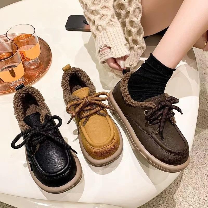 Soft-soled velvet women's new autumn and winter small leather shoes fluffy shoes warm lace-up cotton shoes