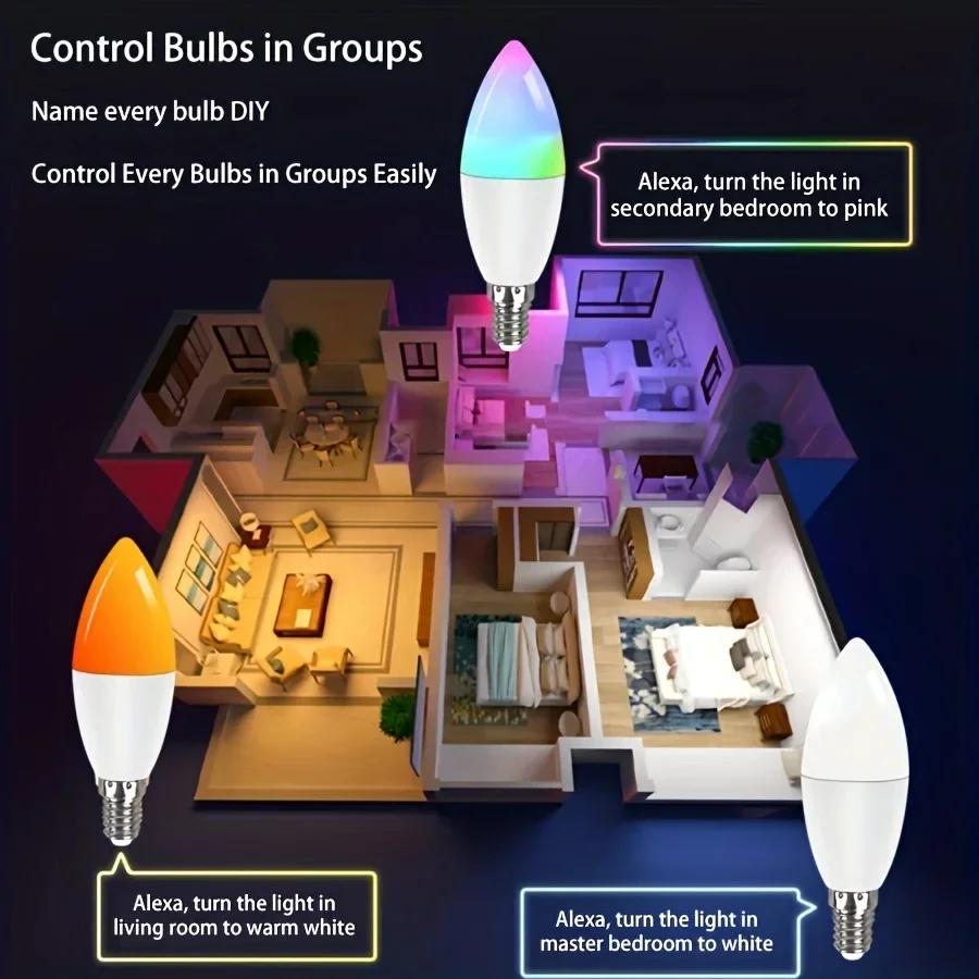Tuya Smart E14 RGB LED Candle Bulb 5W WiFi/Bluetooth Control Dimmable Crystal Lamp Works with Alexa Google for Bedroom Living Room Lighting
