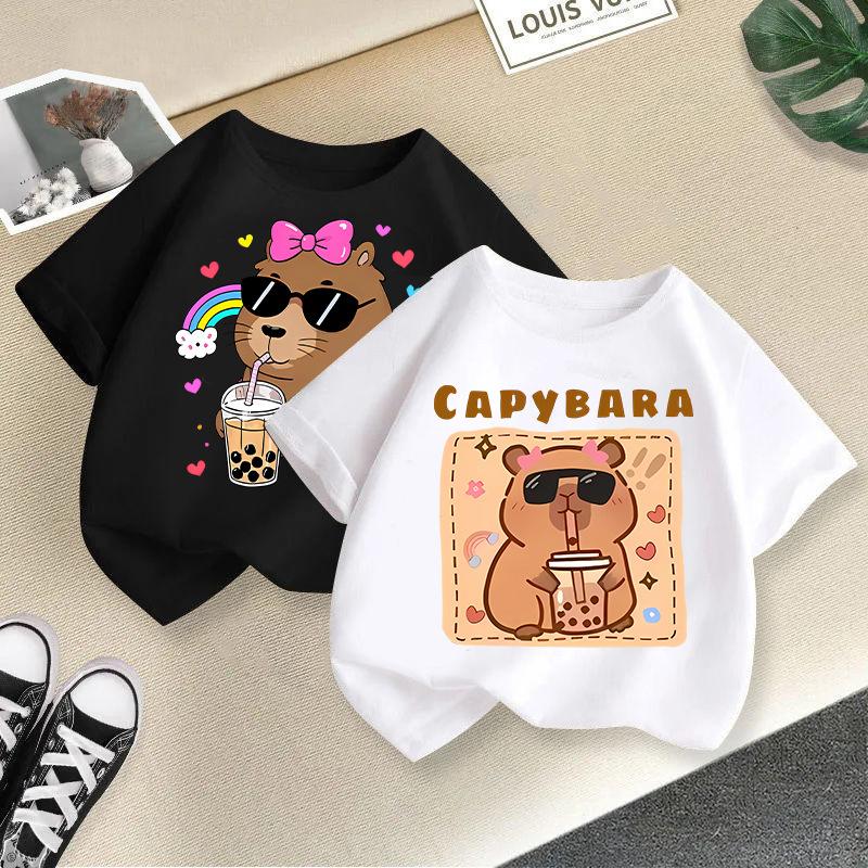 Kinder T-Shirt Capybara Aufdruck Kinder 100% Baumwolle Kleidung Oberteile 2-13J Locker geschnitten Lässig Rundhalsausschnitt Kurzarm T-Shirt
