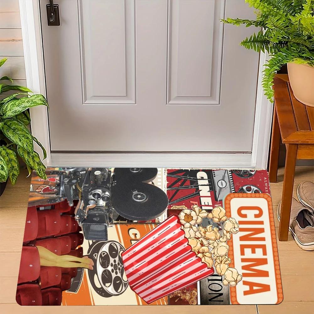 Cinema Theme Door Mat Various Styles With Vintage Popcorn Movie Ticket Film Camera Clapper Board Art Designs Rug For Home Decor