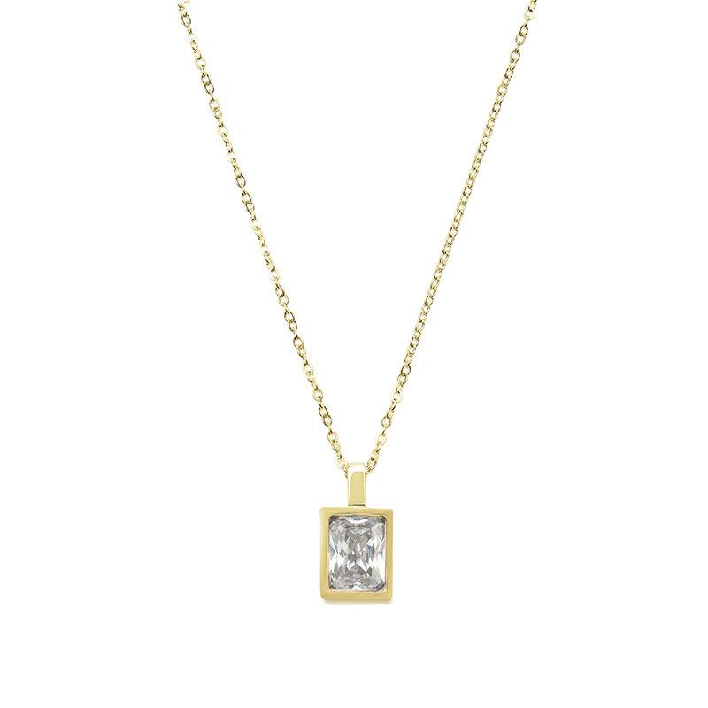 Women's Trendy Square Zircon Crystal Sugar Cube Pendant 18K Gold Plated Stainless Steel Link Chain necklace