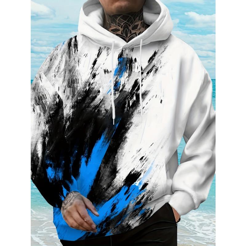 Men s Splatter Art Brushstroke Print Hooded Sweatshirt, Trendy Color Block Top, L