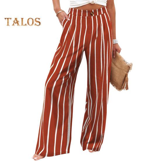 Spodnie damskie zapinane na guziki, zamek błyskawiczny, wysoki stan, długie spodnie, nadruk w paski, proste, szerokie nogawki, długie spodnie