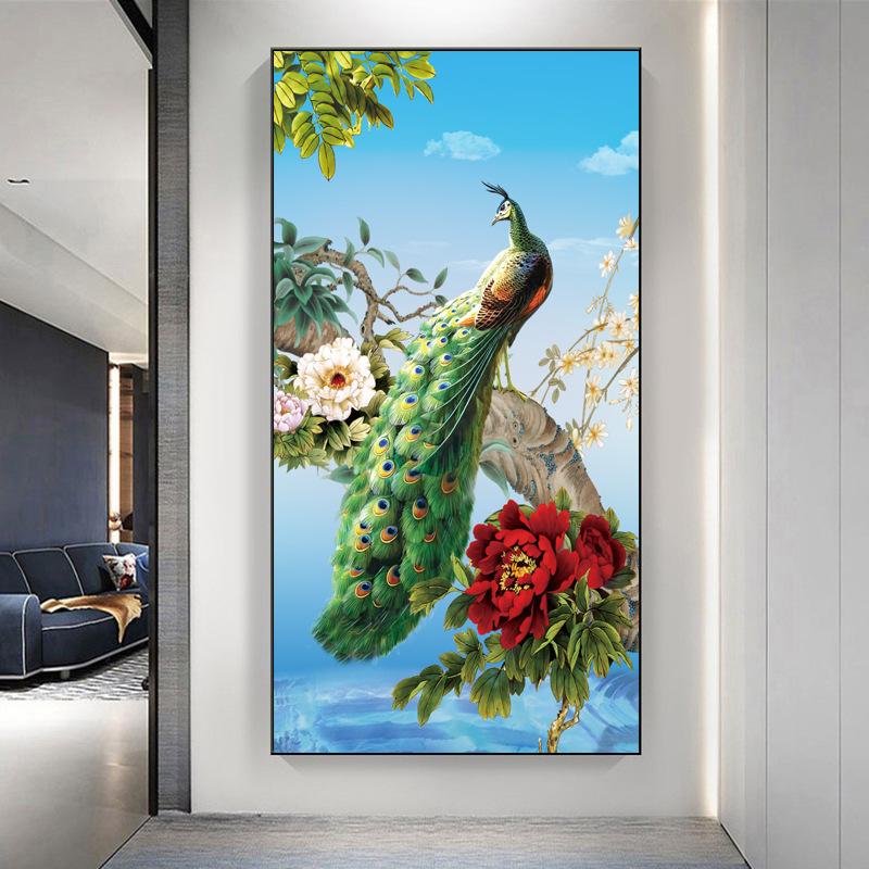 New Chinese Style Light Luxury Peacock Phoenix Canvas Painting Wall Art Abstract Golden Animal Posters for Porch Room Wall Decor