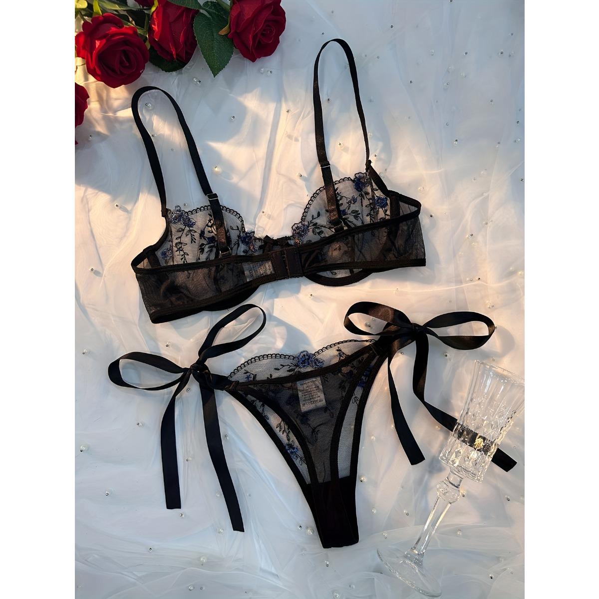 

Комплект нижнего белья с цветочной вышивкой, бюстгальтер и стринги с узлом, женское сексуальное нижнее белье S