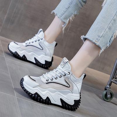 8cm Absatzschuhe Damen Plateau-Sneaker Modemarke Damen Leder klobige Sneaker Atmungsaktives Mesh Freizeitschuhe Schwarz Weiß