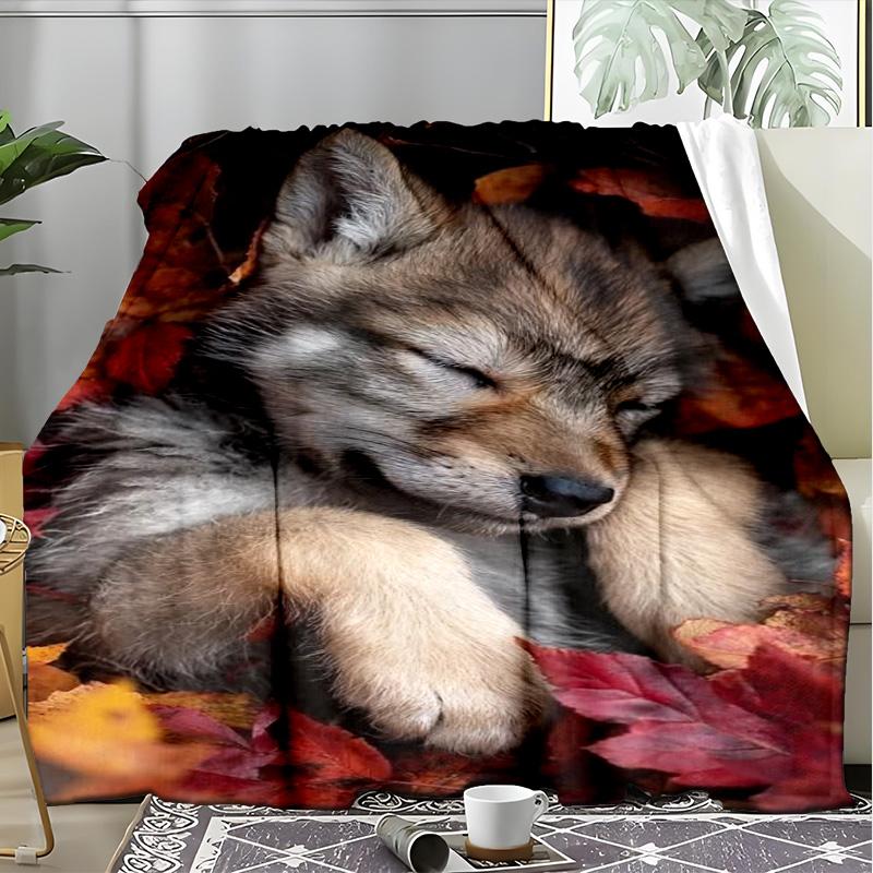 Autumn Sleeping Wolf Cub Fleece Blanket, Cute Animal Throw