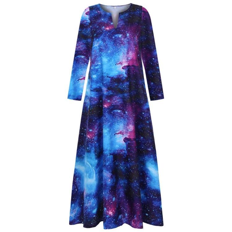 Starry Sky New 3D Print Long Sleeve Maxi Fashion Dress S синий