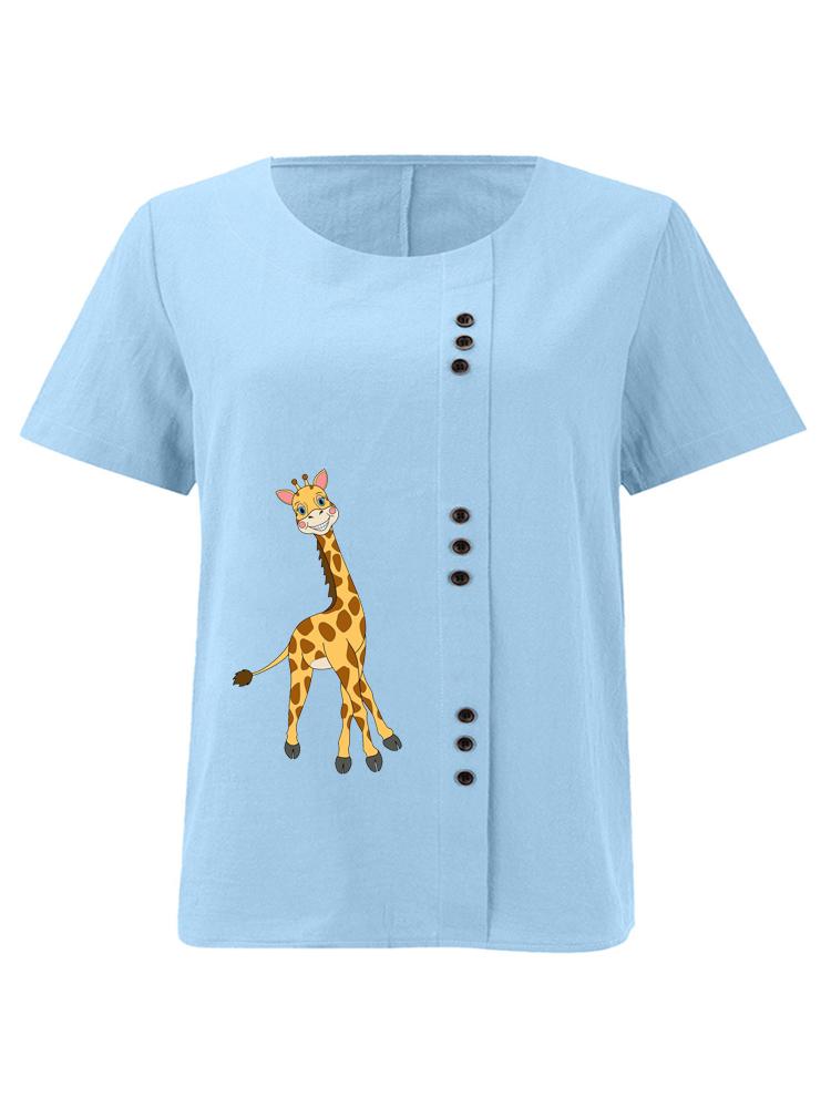 Women's Fashion Giraffe Print Shot Sleeve T-shirt Loose Cotton Shirt Casual Loose Summer Blouse Tops Plus Size