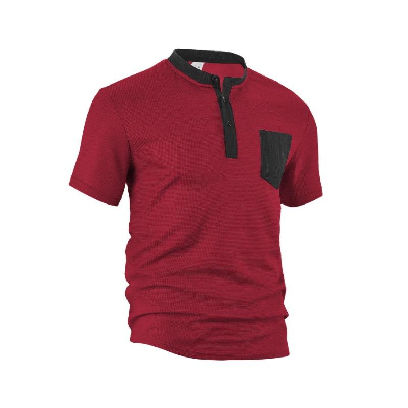 Men's New Summer Patch Pocket Placket Color Block Polyester Waffle Henley Shirt