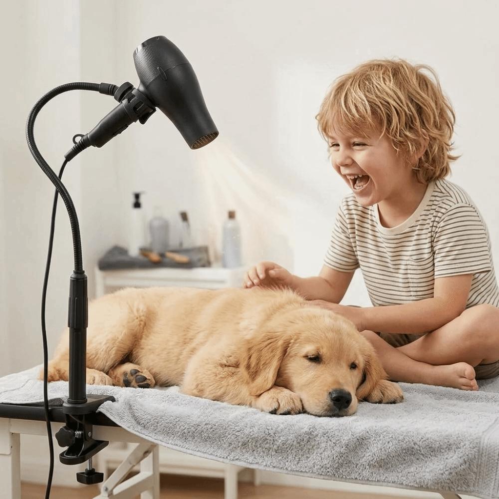 Aluminum Alloy Grooming Stand Stable 360 Degree Adjustable Pet Dryer Clamp Mount Black Gooseneck Dual‑Use Dryer Support