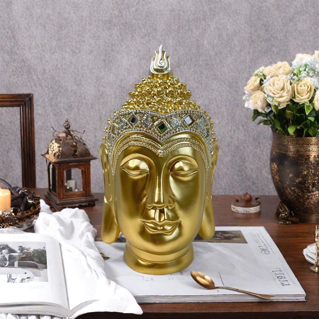 Buda Başı Figürü Ev Dekorasyonu Shakyamuni Buda Heykeli Oturma Odası Ofis Masaüstü Reçine Süsler Feng Shui Heykeli