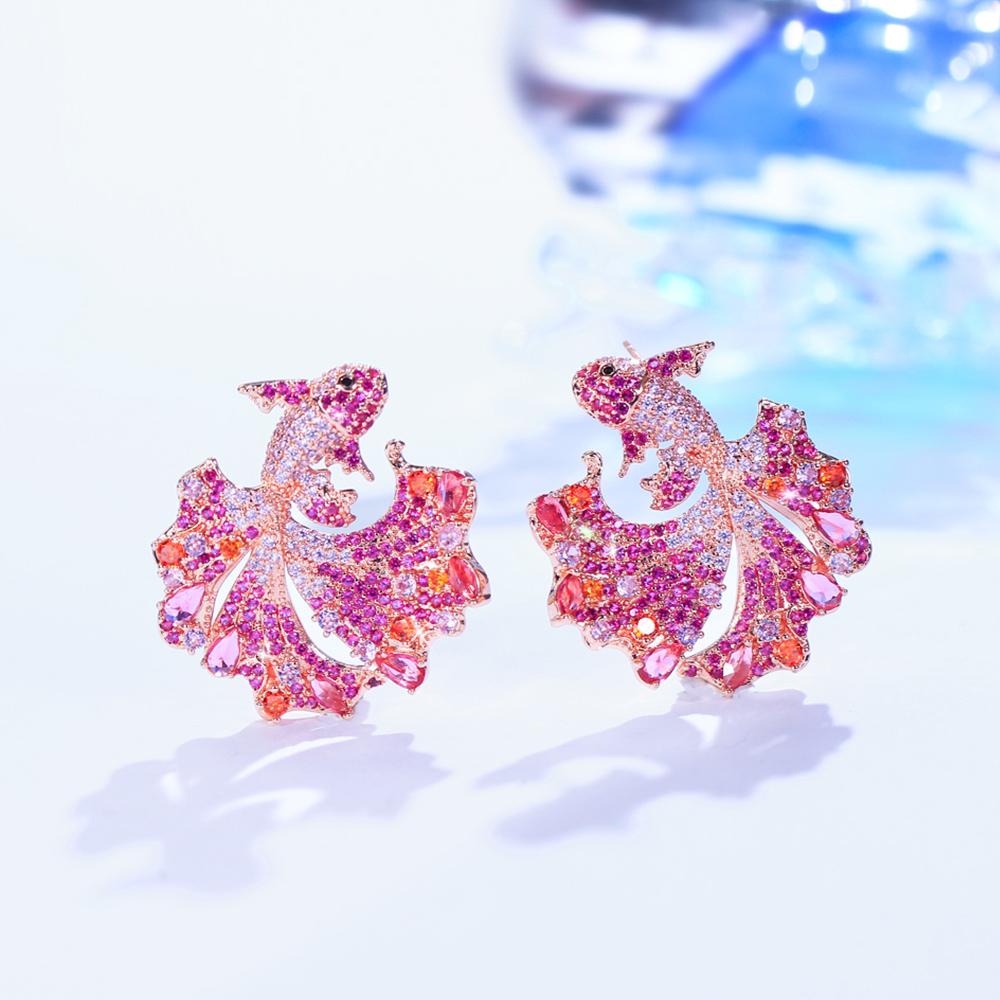 

Цирконы Розовый Красный Кубический Цирконий Большая Форма Золотой Рыбки Серьги-гвоздики для Женщин Креативные Свадебные Костюмные Украшения Подарок E1158