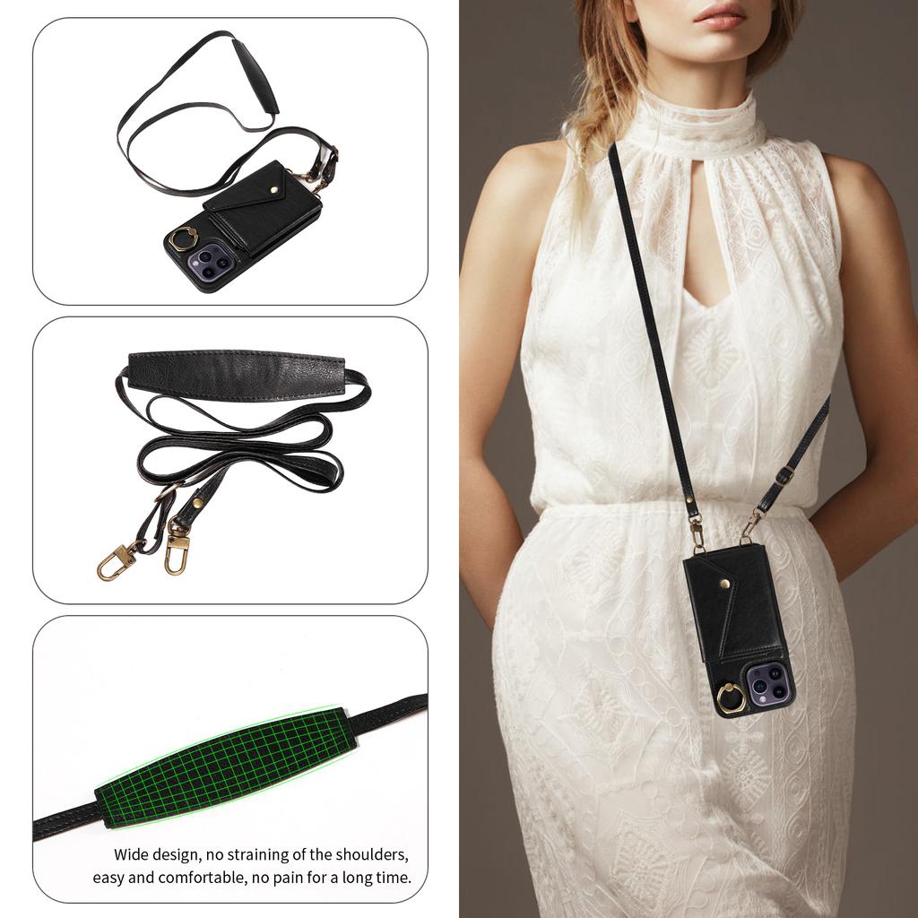 For iPhone 14 Series.for iPhone 14,14 Plus,14 Pro,14 Pro Max Shoulder Strap Rope Ring Bracket Design Card Holder Slots Lichee Pattern Cover Phone Case