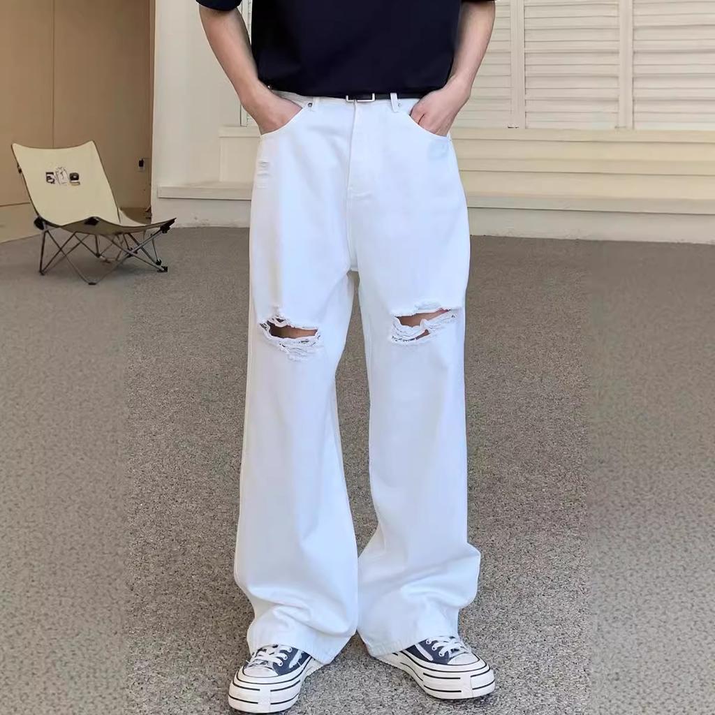 Jeans rectos anchos desgastados de pierna recta de marca de moda de primavera para hombre blancos