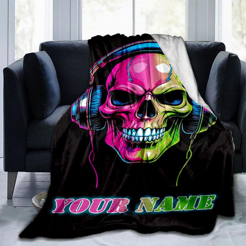 1PC Custom Name Colorful Skull Music Art Flannel Blanket Versatile,all-season Throw Suitable for the Living Room,bedroom,camping,travel,and Gift
