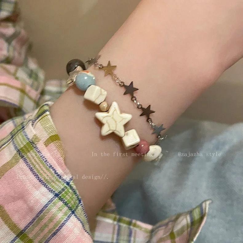 Gentle Universe, Original Handmade Cream Color Scheme Double Star Bracelet Niche Design Girl Natural Stone Beads