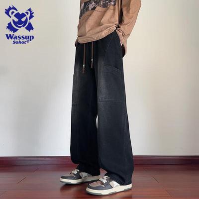 Wassup Sohot Men's Loose Fit Patchwork Curved-Cut Jeans