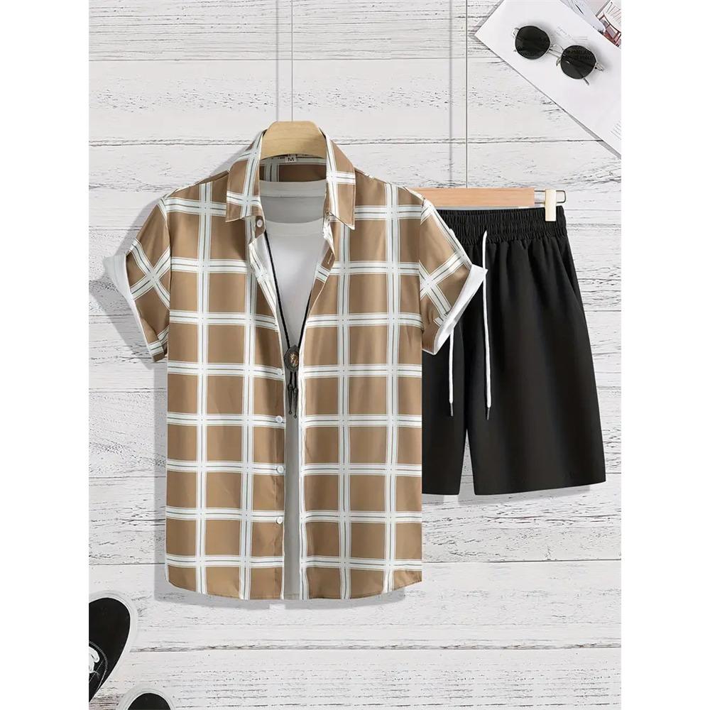 2024 Sommer Herren Freizeit Pendler Anzug Herren Gestreift Bedrucktes Hemd Kurzarm Shorts 2-teilig Herren Hawaiianischer Strandstil Kleidung