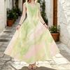 Fresh Green Pink Ink Wash Gradient Sleeveless Maxi Dress, Summer Beach Casual Long Dress