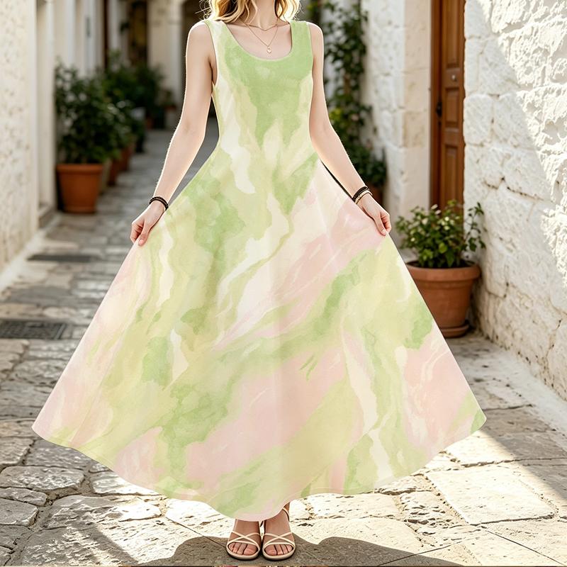 Fresh Green Pink Ink Wash Gradient Sleeveless Maxi Dress, Summer Beach Casual Long Dress