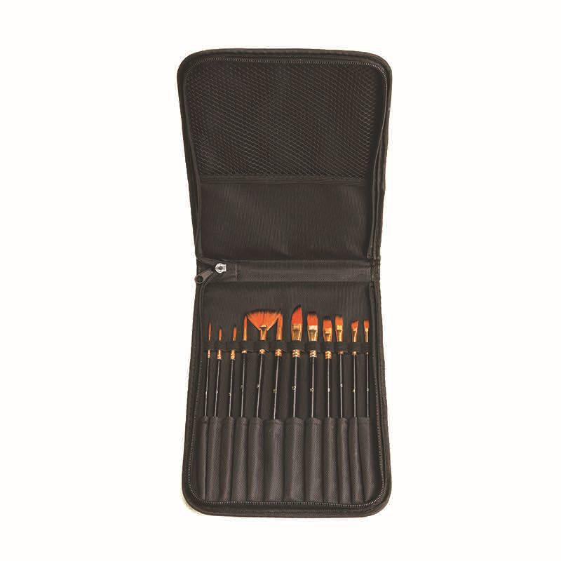 12-Piece Cross Oil Painting Brush Set with Wooden Handles & High-Quality Nylon Bristles in Canvas Bag