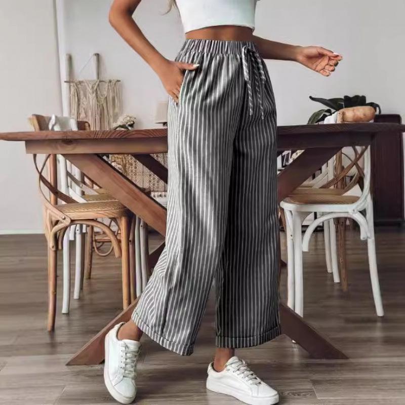 2026 Striped Casual Loose Wide-Leg Cropped Pants - European & American Style Medium