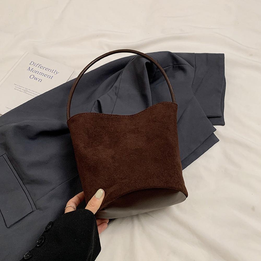 Simple Pu Leather Suede Bucket Bag Fashion Simple Velvet Shoulder Bag Large Capacity Handbag Pu Tote Bag Holiday кофейный