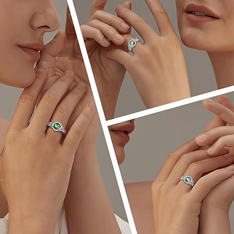 Classic 925 Sterling Silver Ring for Women Unique Natural Moss Agate Crystal Ring for Mom Birthday Engagement Gift