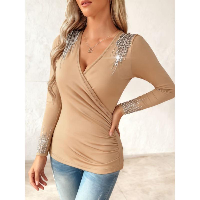 Women S Long Sleeve V Neck Solid Rhinestone T Shirt Plus Size