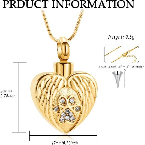 Heart Paw Print Urn Necklace for Ashes for Dog Cremation Jewelry Angel Wing Heart Urn Locket Pendant for Dog/Cat