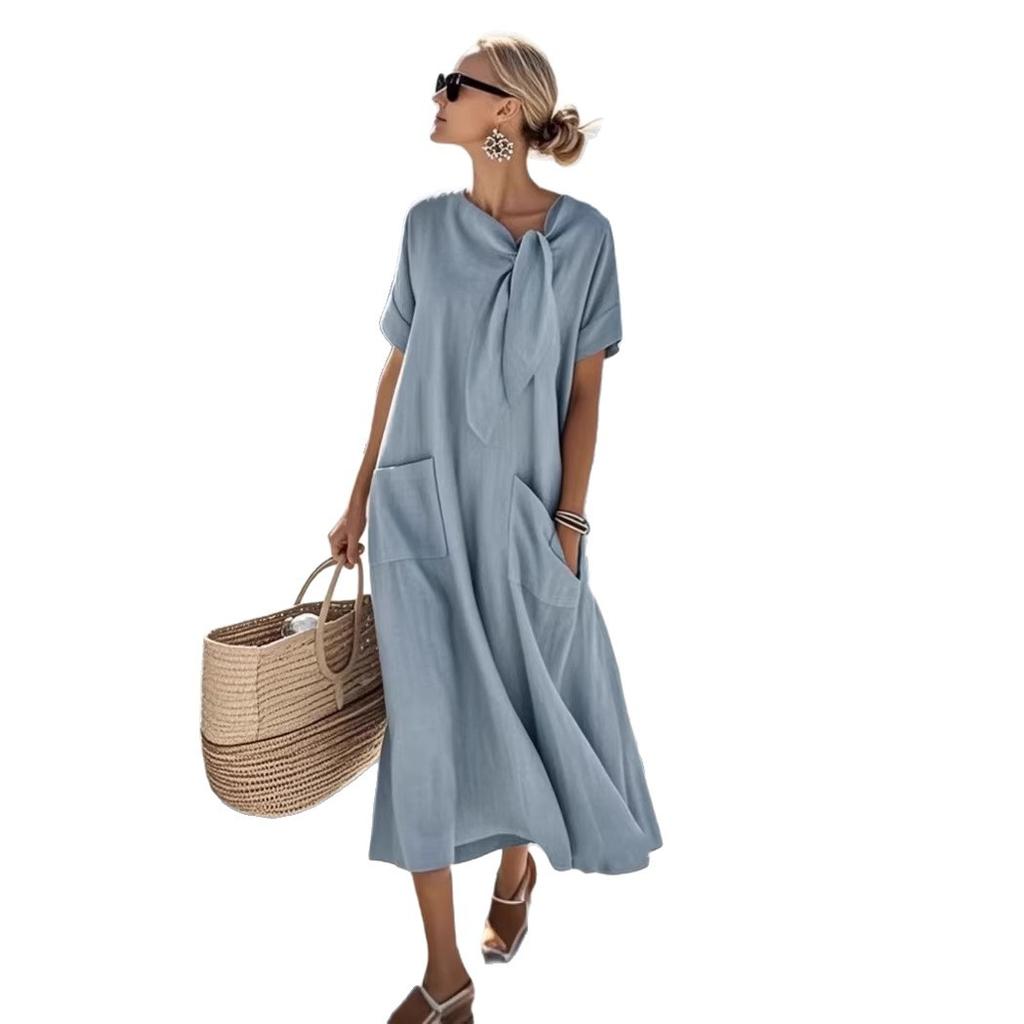 Spot 2026 European and American cross-border Amazon foreign trade summer temperament short sleeve bow pocket loose dress women