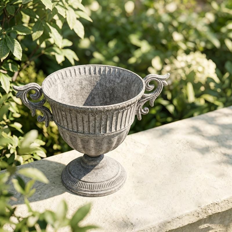 Rustic Gray Iron Flower Vase With Handles Vintage Goblet-Shaped Planter Decor Flower Pot for Home Garden Patio Table Centerpiece