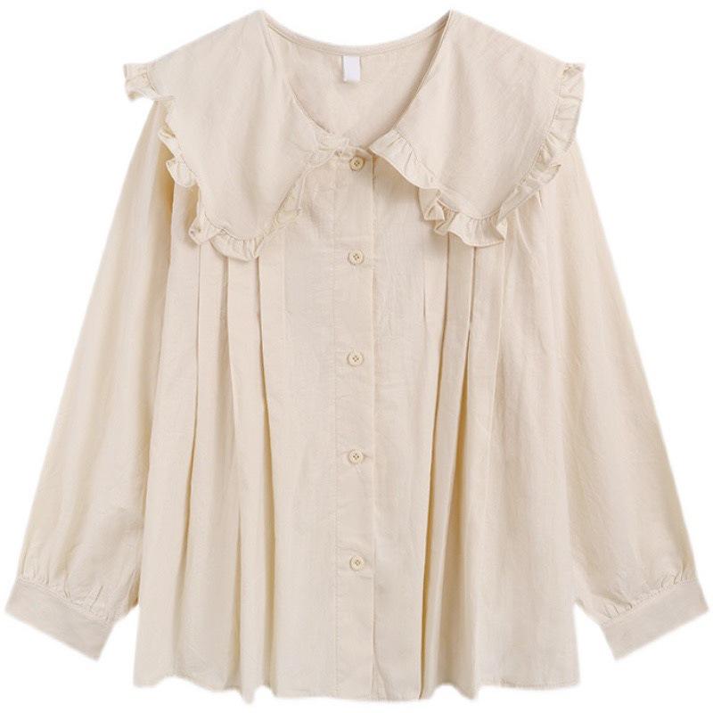 Dongdaemun Peter Pan Collar Sweet Blouse: Women's Loose Long Sleeve Top for Spring/Autumn 2025.