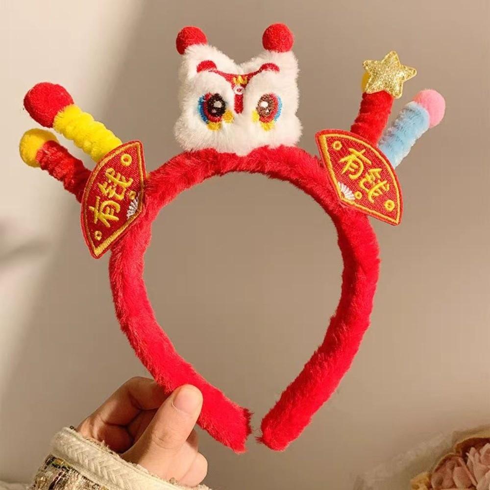 Embroidered Bow New Year Hair Hoop Lion Hanfu Hair Accessories Sweet Red Plush Headband  Kids