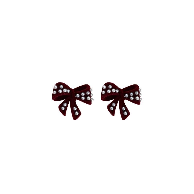 Retro Burgundy Bowknot Stud Earrings - Niche, Sweet, and High-End for Autumn/Winter 2025