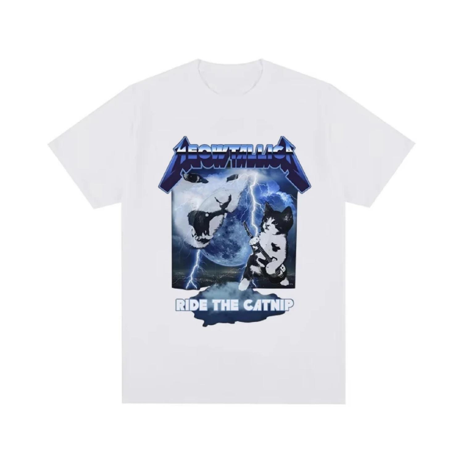 Meowtallica Funny Cat Meme T-shirts Heavy Metal Rock Cats T Shirt Men s Women Fashion Casual Cotton Oversized T-shirt Tops S чёрный