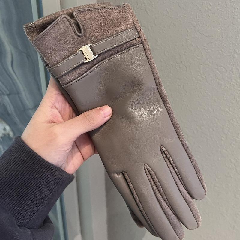 Leather Gloves Winter Women's Velvet Thickened Warm Windproof Cold Outdoor Riding Electric Car Can Be Five Fingers Tide