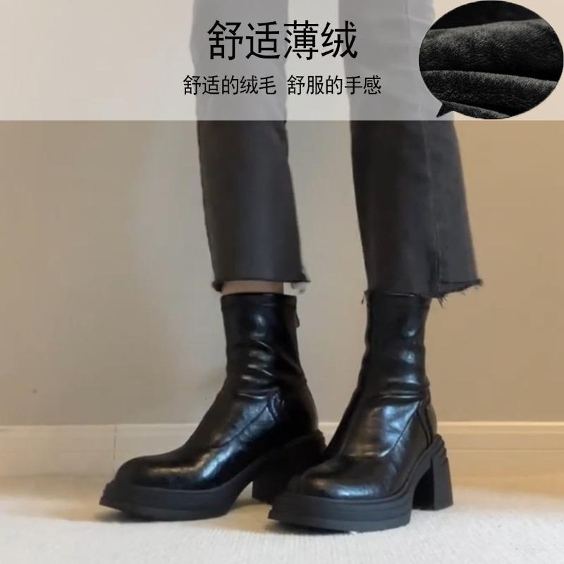 

Cowhide version~ brown retro leather thick-soled heightening Martin boots women s simple rear zipper thick heel retro thin boots 39