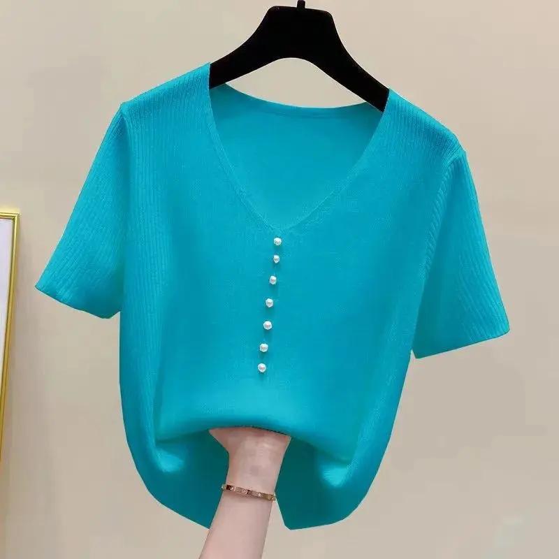 Γυναικείο πλεκτό τοπ με V λαιμόκοψη, κοντομάνικο, με κουμπιά πέρλα, casual, χαλαρή εφαρμογή, μπλούζα
