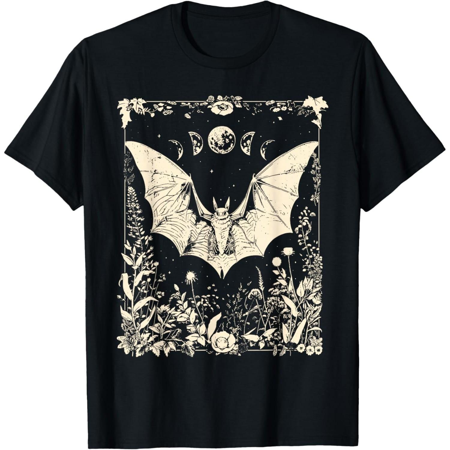 

Gothic Bat Moon Phase Floral Graphic Tee Men Casual Cotton TShirt XXXXXL чорний